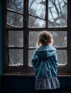 Ein kleines Mädchen steht mit dem Rücken zu uns an einem Fenster. Alleine, es scheint traurig zu sein. Man kann den Schmerz spüren.